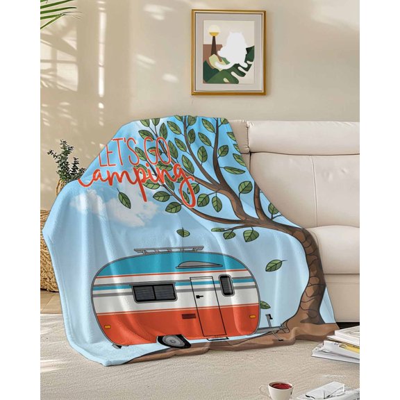 Fleece Blanket Cartoon Caravan Summer Forest Blankets, Soft Cozy Warm Flannel Throw Blanket, Let's Go Camping Quote Blanket for Bed Couch Sofa,50x60In