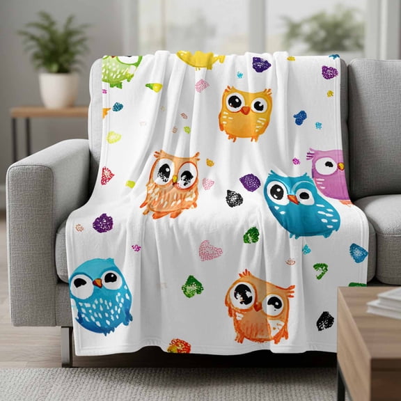 Fleece Blanket Cartoon Cute Blue Yellow Owl Blankets,Soft Cozy Warm Flannel Throw Blanket,Abstract Animal Blanket for Bed Couch Sofa 50x60in