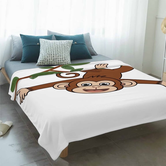 Fleece Blanket Cartoon Funny Monkey Green Leaves on White Blankets,Soft Cozy Warm Flannel Throw Blanket,Country Vine Blanket for Bed Couch Sofa 60x80in