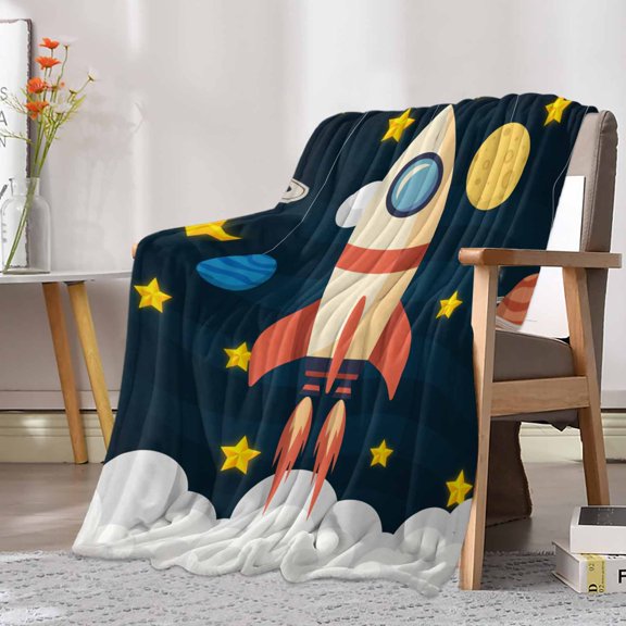 Fleece Blanket Cartoon Rocket Colorful Planet Blankets, Soft Cozy Warm Flannel Throw Blanket, Cute Yellow Star Blanket for Bed Couch Sofa,30x40In