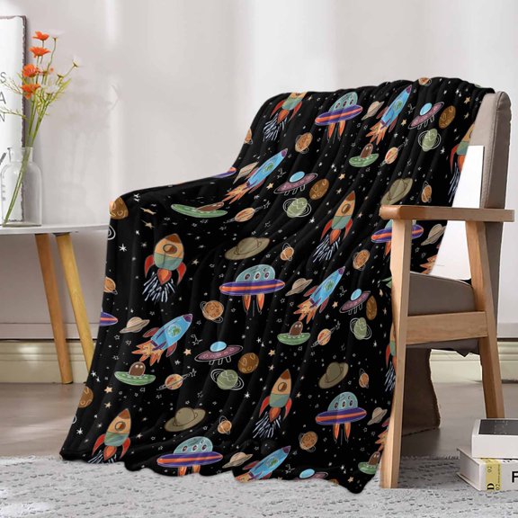 Fleece Blanket Cartoon Rocket Space Planet Blankets, Soft Cozy Warm Flannel Throw Blanket, Cute Spaceship on Black Blanket for Bed Couch Sofa,30x40In