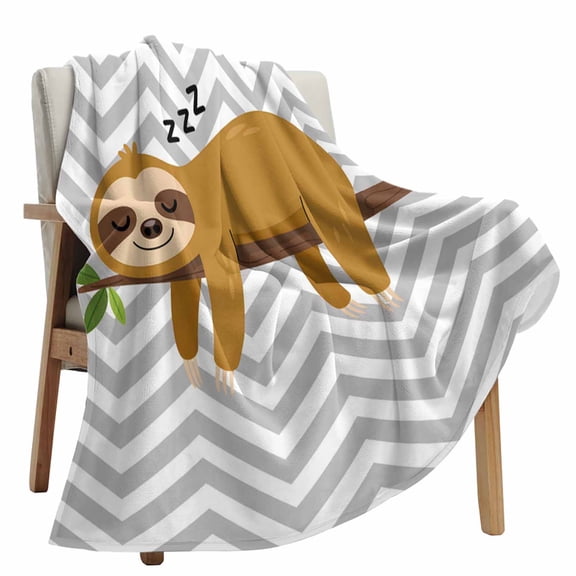 Fleece Blanket Cartoon Sloth Tree Branch Blankets, Soft Cozy Warm Flannel Throw Blanket, Gray Chevron Stripe Animal Blanket for Bed Couch Sofa,40x60In
