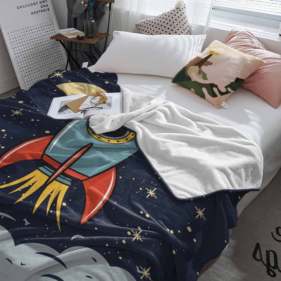 Fleece Blanket Cartoon Space Rocket Launch Stars and Moon Blankets, Soft Cozy Warm Flannel Throw Blanket, Outer Planet Blanket for Bed Couch Sofa,60x80In