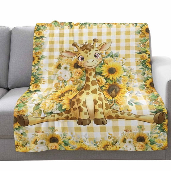 Fleece Blanket Children's Day Cute Giraffe Blankets,Soft Cozy Warm Flannel Throw Blanket,Farm Sunflowers Yellow Plaid Blanket for Bed Couch Sofa 30x40in