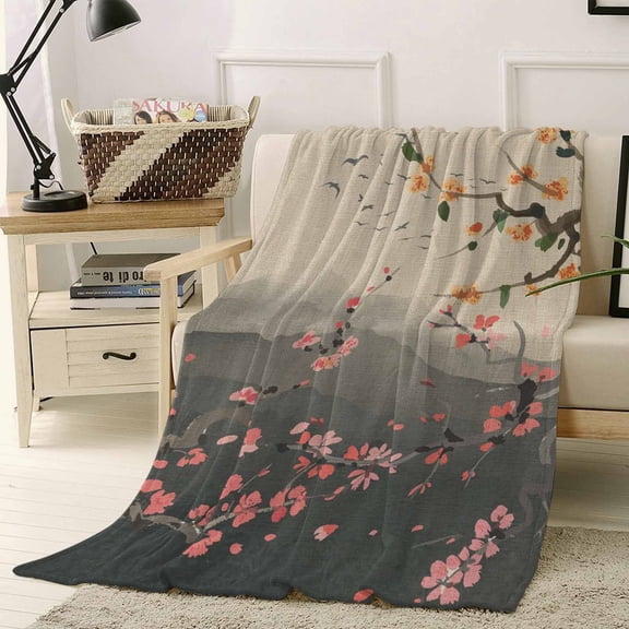 Fleece Blanket Chinese Ink Painting Art on Burlap Blankets, Soft Cozy Warm Flannel Throw Blanket, Abstract Plum Blossom Bird Mountain Blanket for Bed Couch Sofa,40x50In