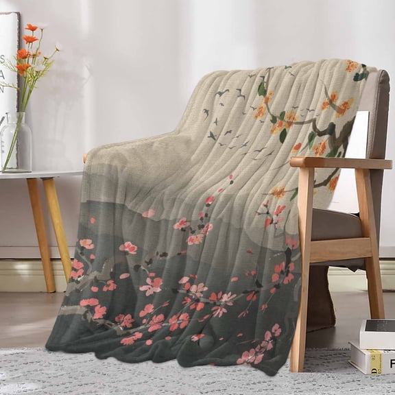 Fleece Blanket Chinese Ink Painting Art on Burlap Blankets, Soft Cozy Warm Flannel Throw Blanket, Abstract Plum Blossom Bird Mountain Blanket for Bed Couch Sofa,30x40In