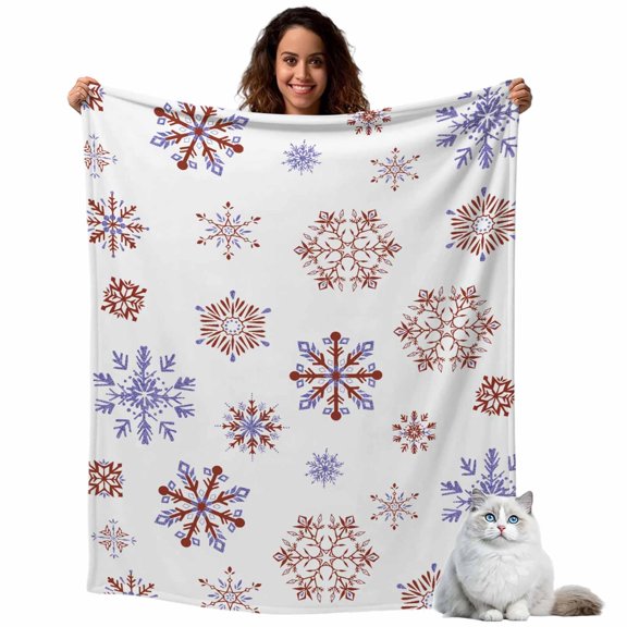 Fleece Blanket Christmas Abstract Blue Maroon Snowflakes Blankets,Soft Cozy Warm Flannel Throw Blanket,Geometric Artwork Blanket for Bed Couch Sofa 50x60in