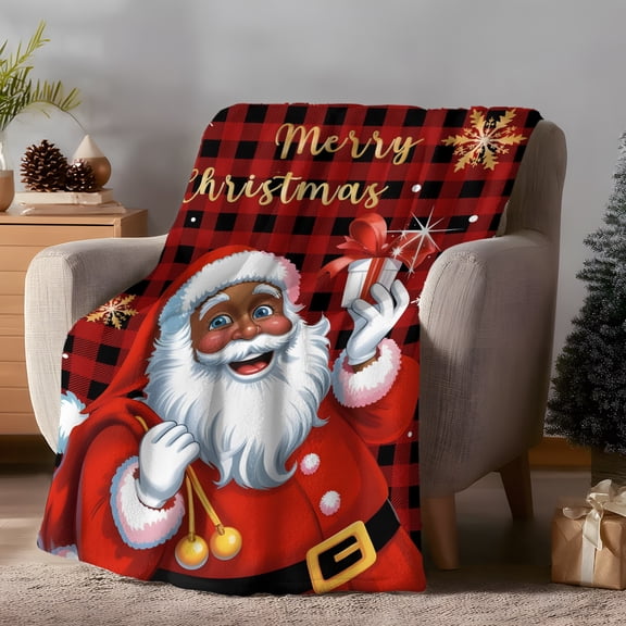 Fleece Blanket Christmas Black Santa Claus Blankets,Soft Cozy Warm Flannel Throw Blanket,Winter Snowflake Black Red Checkered Blanket for Bed Couch Sofa 40x50in