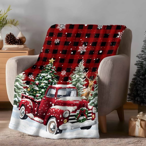 Fleece Blanket Christmas Trees Red Truck Blankets, Soft Cozy Warm Flannel Throw Blanket, Elk on Black Plaid Blanket for Bed Couch Sofa,50x60In