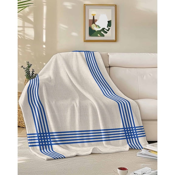 Fleece Blanket Classic Blue Striped Blankets, Soft Cozy Warm Flannel Throw Blanket, Retro Line on Linen Blanket for Bed Couch Sofa,50x60In