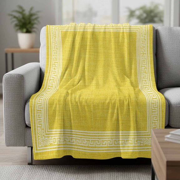 Fleece Blanket Classic Greek Geometric Key Pattern Blankets,Soft Cozy Warm Flannel Throw Blanket,Retro Linen Yellow Blanket for Bed Couch Sofa 50x60in
