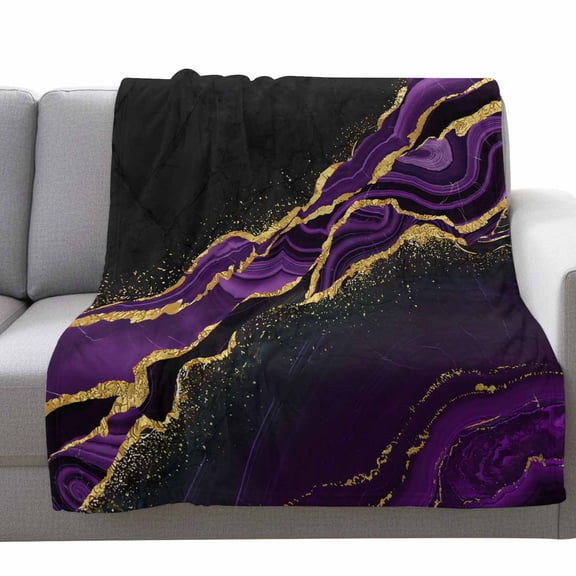 Fleece Blanket Classic Marble Texture Pattern Blankets,Soft Cozy Warm Flannel Throw Blanket,Purple Black Gold Blanket for Bed Couch Sofa 30x40in