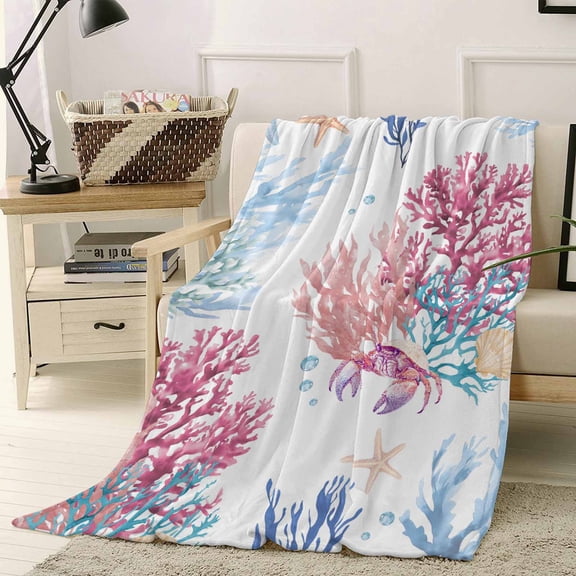 Fleece Blanket Coastal Marine Starfish Shell Crab Blankets, Soft Cozy Warm Flannel Throw Blanket, Ocean Colorful Coral Blanket for Bed Couch Sofa,40x50In