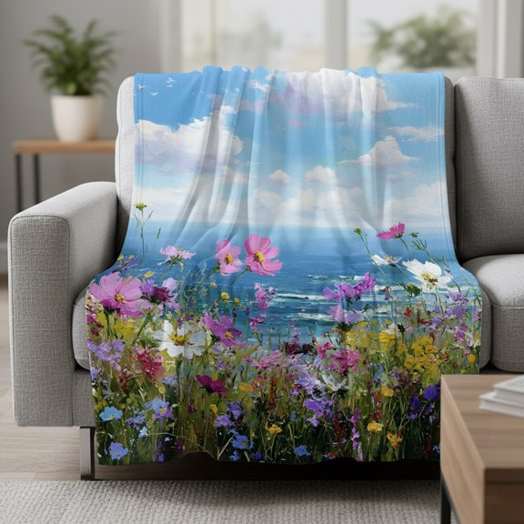 Fleece Blanket Coastal Watercolor Wildflowers Blankets,Soft Cozy Warm Flannel Throw Blanket,Blue Sky White Clouds Blanket for Bed Couch Sofa 30x40in