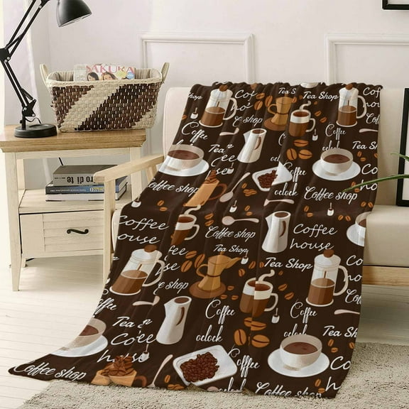 Fleece Blanket Coffee Bean Cafe Cup Seamless Blankets, Soft Cozy Warm Flannel Throw Blanket, Retro Brown Graffiti Style Blanket for Bed Couch Sofa,40x50In