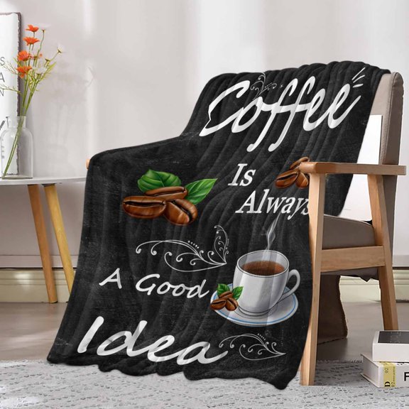 Fleece Blanket Coffee Bean Cup Cafe Drink on Black Blankets, Soft Cozy Warm Flannel Throw Blanket, Coffees Good Idea Quote Blanket for Bed Couch Sofa,30x40In
