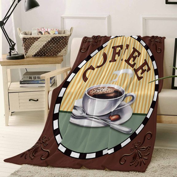 Fleece Blanket Coffee Cup Farm Flower Damask Blankets, Soft Cozy Warm Flannel Throw Blanket, Rustic Country Farmhouse Blanket for Bed Couch Sofa,40x50In