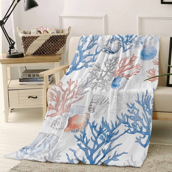 Fleece Blanket Colorful Coral Summer Ocean Shell Blankets, Soft Cozy Warm Flannel Throw Blanket, Sea Fish Watercolor Blanket for Bed Couch Sofa,40x50In
