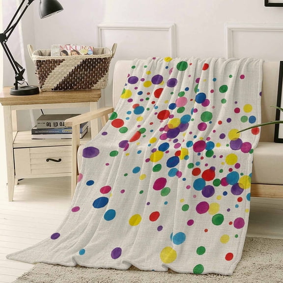 Fleece Blanket Colorful Dot Polka on Burlap Linen Blankets, Soft Cozy Warm Flannel Throw Blanket, Watercolor Dots Blanket for Bed Couch Sofa,40x50In