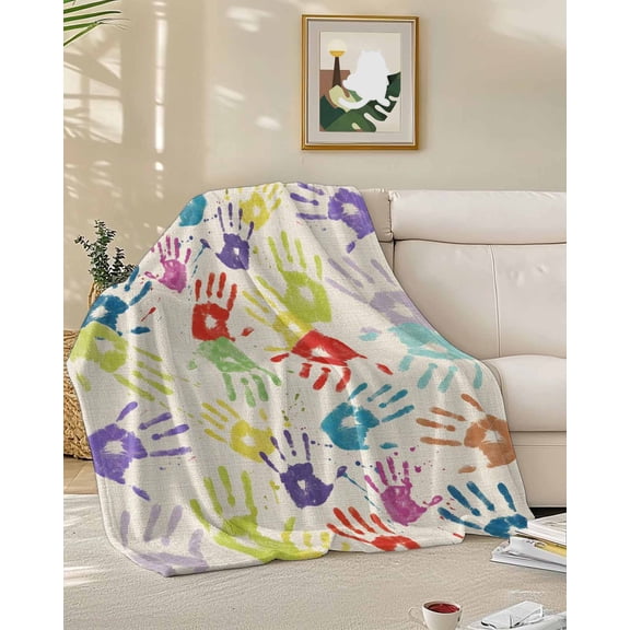 Fleece Blanket Colorful Handprints on Burlap Linen Blankets, Soft Cozy Warm Flannel Throw Blanket, Watercolor Hands Texture Blanket for Bed Couch Sofa,50x60In