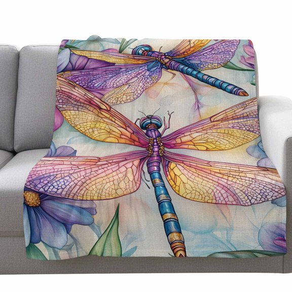 Fleece Blanket Colorful Rustic Pastoral Dragonfly Blankets,Soft Cozy Warm Flannel Throw Blanket,Summer Watercolor Flower Blanket for Bed Couch Sofa 30x40in