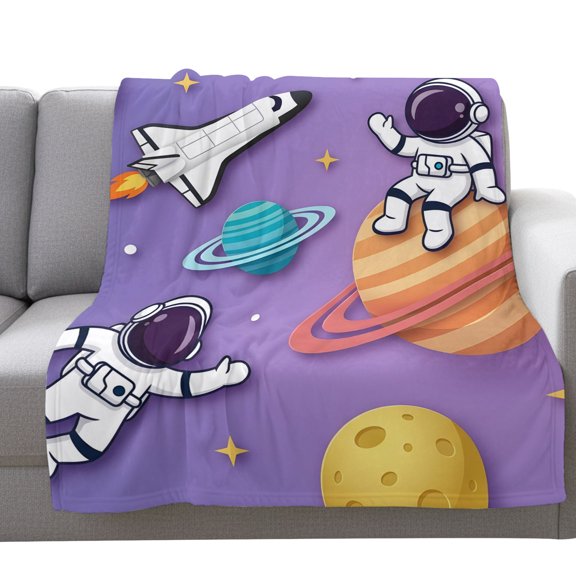 Fleece Blanket Cosmonaut Planet Rocket Ship Blankets,Soft Cozy Warm Flannel Throw Blanket,Cartoon Outer Space Purple Blanket for Bed Couch Sofa 40x50in
