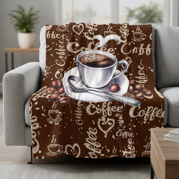 Fleece Blanket Country Coffee Bean Drink White Cup Blankets,Soft Cozy Warm Flannel Throw Blanket,Vintage Brown Farmhouse Blanket for Bed Couch Sofa 50x60in