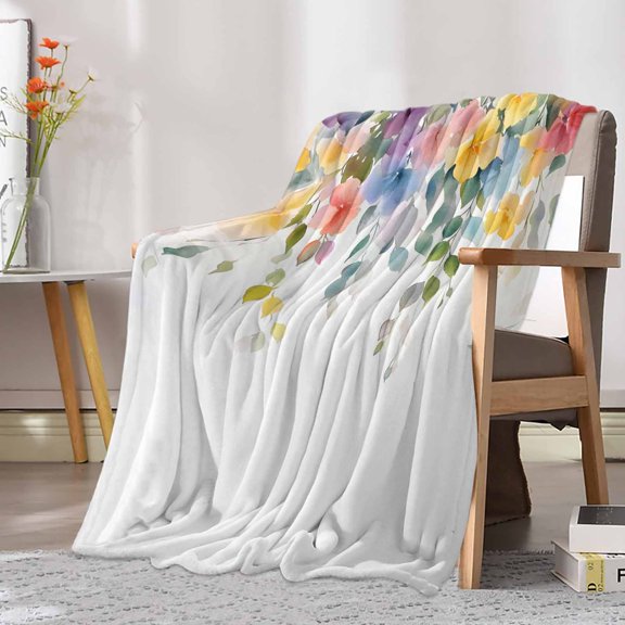 Fleece Blanket Country Colorful Flower Leaves Blankets, Soft Cozy Warm Flannel Throw Blanket, Gradient Oil Painting Style Blanket for Bed Couch Sofa,30x40In