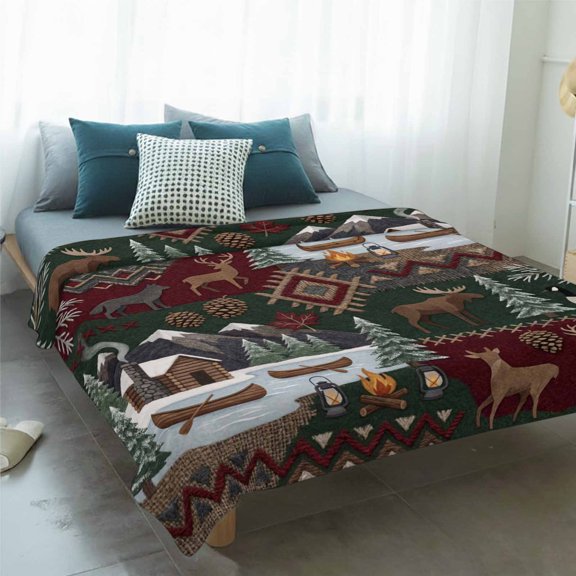 Fleece Blanket Country Deer Pine Tree Campfire Blankets,Soft Cozy Warm Flannel Throw Blanket,Abstract Farm Scenery Blanket for Bed Couch Sofa 50x60in