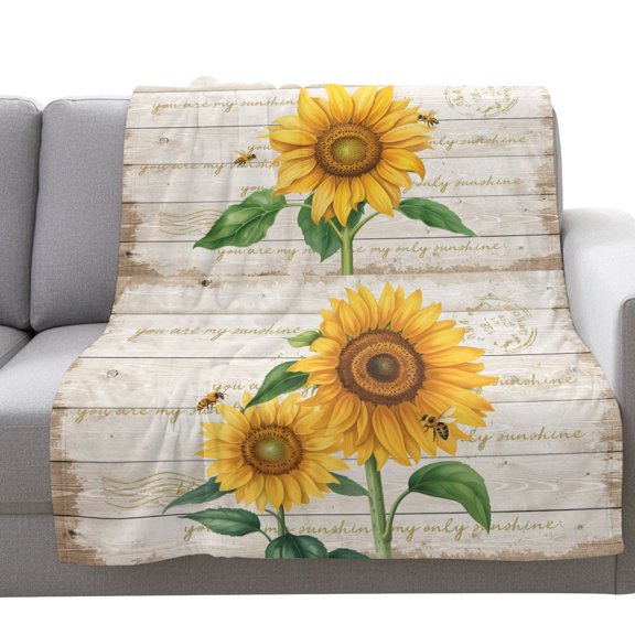 Fleece Blanket Country Retro Sunflower Bee Blankets,Soft Cozy Warm Flannel Throw Blanket,Vintage Wood Grain Blanket for Bed Couch Sofa 30x40in