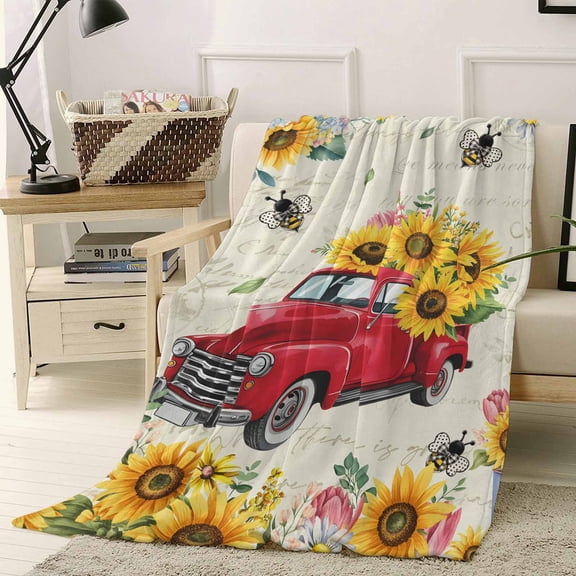 Fleece Blanket Country Sunflower Red Truck Blankets, Soft Cozy Warm Flannel Throw Blanket, Spring Flower Cute Bee Blanket for Bed Couch Sofa,40x50In