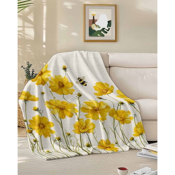 Fleece Blanket Country Yellow Flower Bee Blankets, Soft Cozy Warm Flannel Throw Blanket, Farm Plant Retro Linen Blanket for Bed Couch Sofa,50x60In