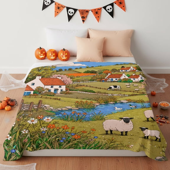 Fleece Blanket Countryside Farm Cottage Sheep Blankets,Soft Cozy Warm Flannel Throw Blanket,Wildflowers River Stream Blanket for Bed Couch Sofa 50x60in