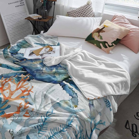 Fleece Blanket Crab Ocean Coral Starfish Blankets, Soft Cozy Warm Flannel Throw Blanket, Blue Underwater World Blanket for Bed Couch Sofa,60x80In