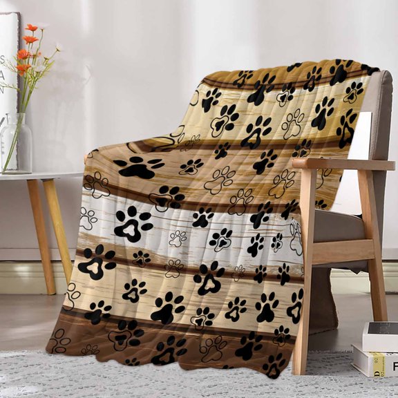 Fleece Blanket Cute Dog Paw Print Farm Wood Board Blankets, Soft Cozy Warm Flannel Throw Blanket, Pet Footprint Shadow Blanket for Bed Couch Sofa,30x40In