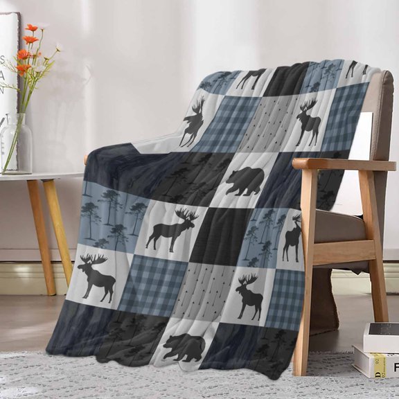 Fleece Blanket Deer Bear Retro Grey Plaid Blankets, Soft Cozy Warm Flannel Throw Blanket, Forest Animal Shadow Blanket for Bed Couch Sofa,30x40In