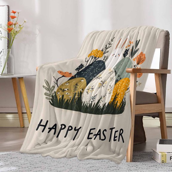 Fleece Blanket Easter Flower Egg Rabbit Blankets, Soft Cozy Warm Flannel Throw Blanket, Country Bunny Floral Plant Blanket for Bed Couch Sofa,30x40In