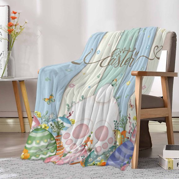 Fleece Blanket Easter Rabbit Tail Colorful Wooden Blankets, Soft Cozy Warm Flannel Throw Blanket, Spring Flower Egg Butterfly Blanket for Bed Couch Sofa,30x40In