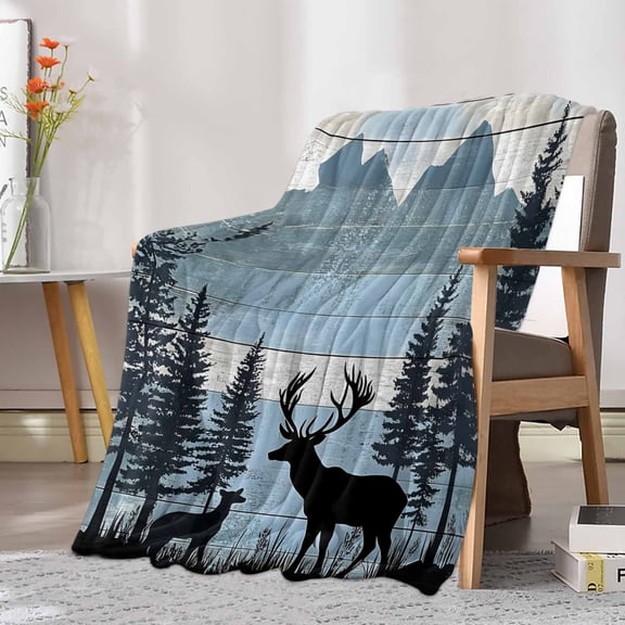 Fleece Blanket Elk Forest Mountain Animal Shadow Blankets, Soft Cozy Warm Flannel Throw Blanket, Farm Vintage Wood Board Blanket for Bed Couch Sofa,30x40In