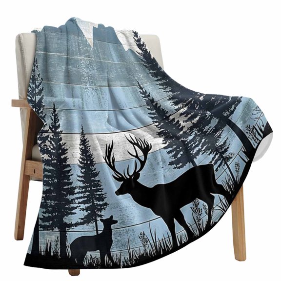Fleece Blanket Elk Forest Mountain Animal Shadow Blankets, Soft Cozy Warm Flannel Throw Blanket, Farm Vintage Wood Board Blanket for Bed Couch Sofa,40x60In