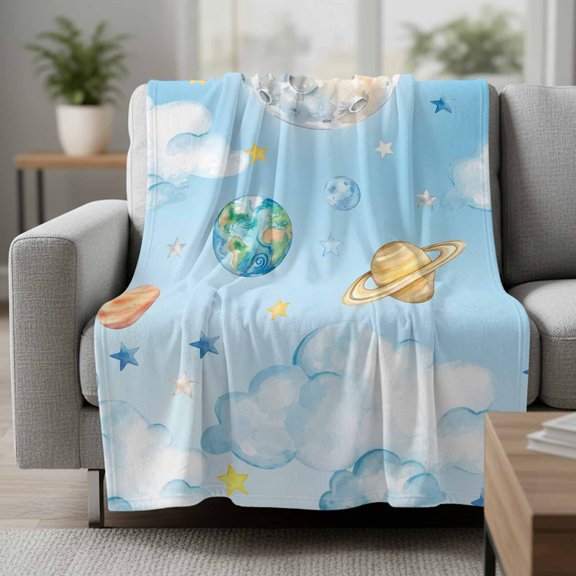 Fleece Blanket Fantasy Universe Planet Cloud Blankets,Soft Cozy Warm Flannel Throw Blanket,Blue and Yellow Stars Blanket for Bed Couch Sofa 30x40in