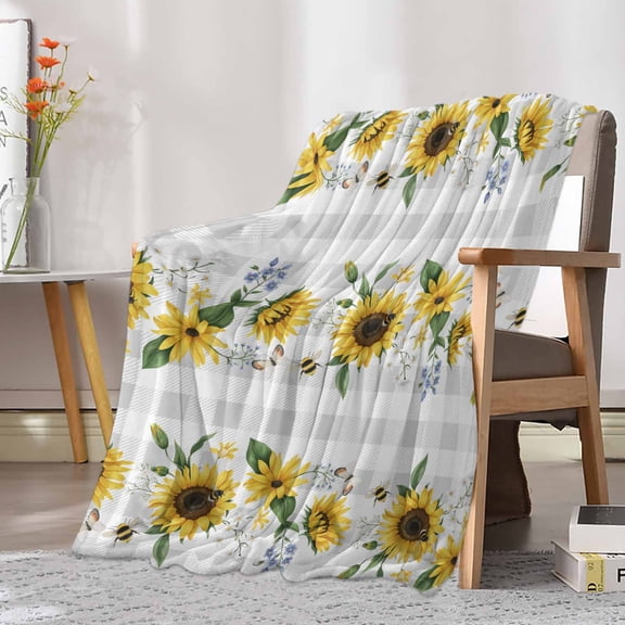 Fleece Blanket Farm Bee Butterfly Sunflowers Blankets, Soft Cozy Warm Flannel Throw Blanket, Country Floral on Plaid Blanket for Bed Couch Sofa,30x40In