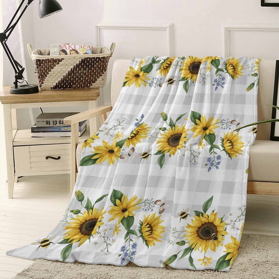 Fleece Blanket Farm Bee Butterfly Sunflowers Blankets, Soft Cozy Warm Flannel Throw Blanket, Country Floral on Plaid Blanket for Bed Couch Sofa,40x50In