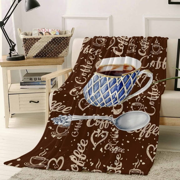Fleece Blanket Farm Cafe Coffee Vintage Brown Blankets, Soft Cozy Warm Flannel Throw Blanket, Graffiti Style Blanket for Bed Couch Sofa,40x50In