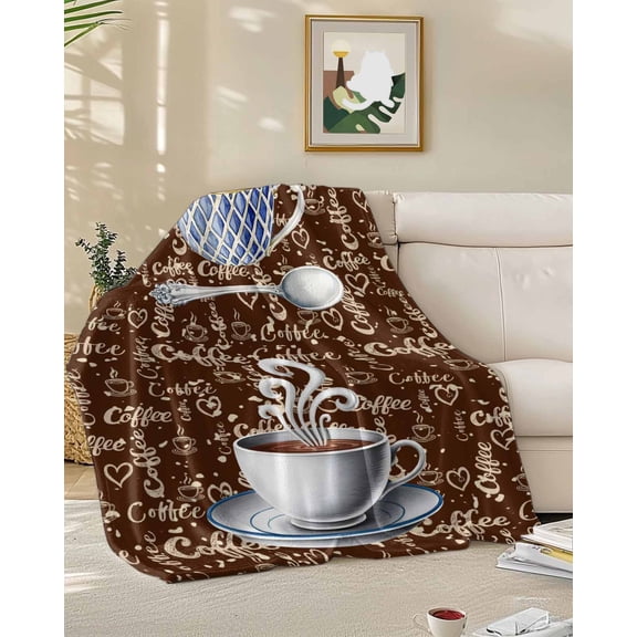 Fleece Blanket Farm Coffee Drink Candy Coffee Beans Blankets, Soft Cozy Warm Flannel Throw Blanket, Country Shabby Style Vintage Brown Blanket for Bed Couch Sofa,50x60In