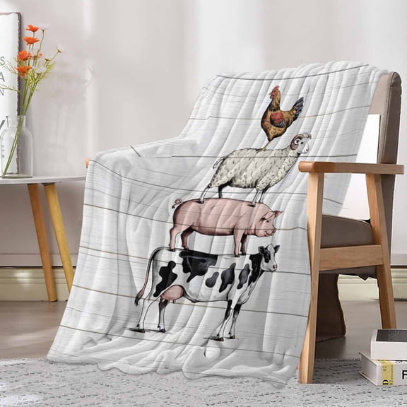 Fleece Blanket Farm Cow Pig Sheep Rooster Blankets, Soft Cozy Warm Flannel Throw Blanket, Country Animal on Wood Board Blanket for Bed Couch Sofa,30x40In