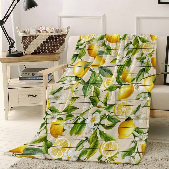 Fleece Blanket Farm Fruits Lemon Floral Blankets, Soft Cozy Warm Flannel Throw Blanket, Yellow Wood Texture Blanket for Bed Couch Sofa,40x50In
