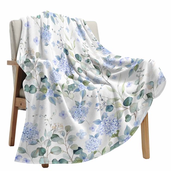 Fleece Blanket Farm Hydrangea Flower Blue Blankets, Soft Cozy Warm Flannel Throw Blanket, Country Eucalyptus Leaf Floral Blanket for Bed Couch Sofa,40x60In