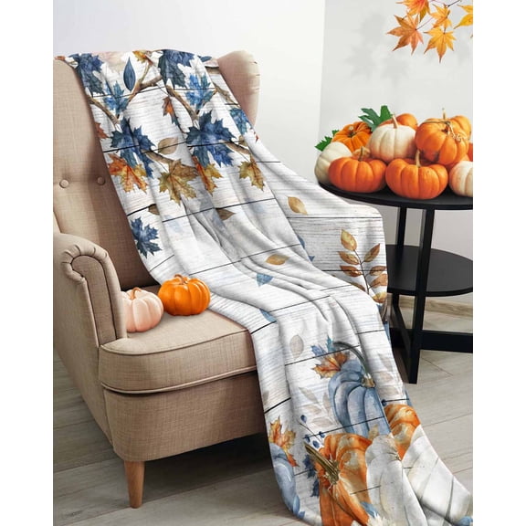 Fleece Blanket Farm Pumpkin Maple Leaf Blankets, Soft Cozy Warm Flannel Throw Blanket, Gray Wood Board Blanket for Bed Couch Sofa,30x40In
