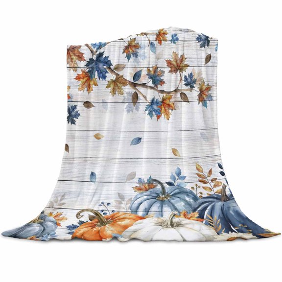 Fleece Blanket Farm Pumpkin Maple Leaf Blankets, Soft Cozy Warm Flannel Throw Blanket, Gray Wood Board Blanket for Bed Couch Sofa,32x48In